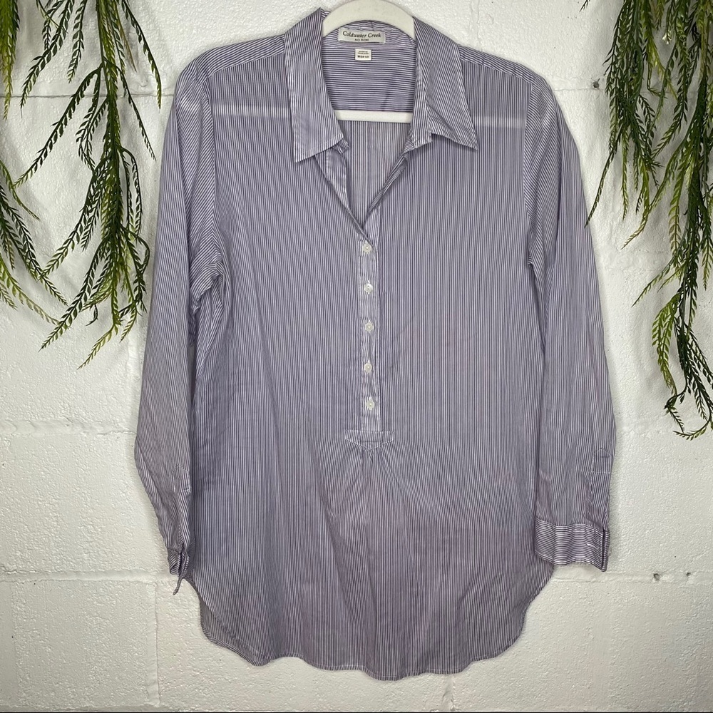 Coldwater Creek Purple & White Striped Popover Blouse Size Medium 10-12